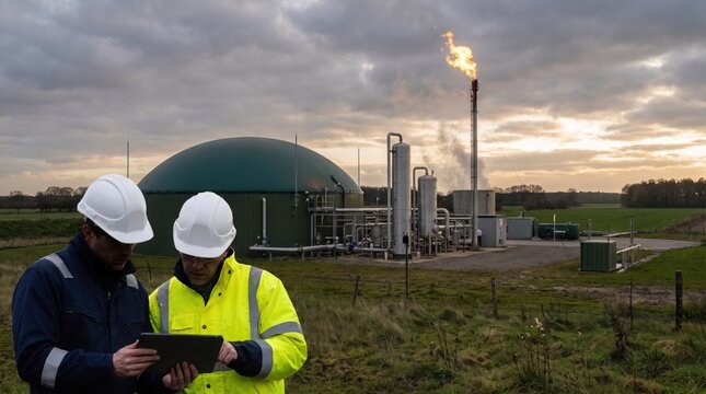Two engineers with tablet inspecting biogas plant, yellow gas valve, flare stack and green dome