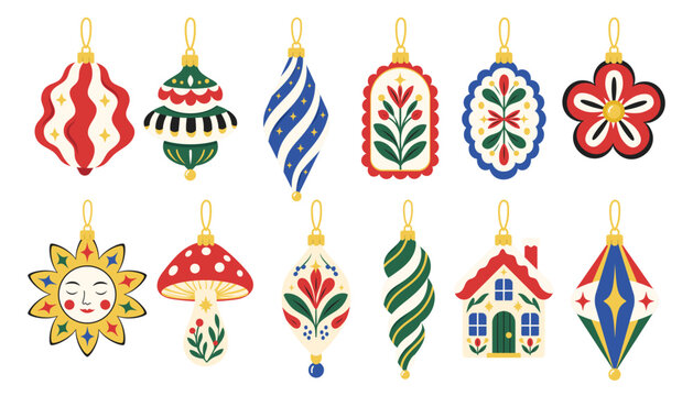 Christmas ornaments in folk art style for holiday cards packaging and festive surface design