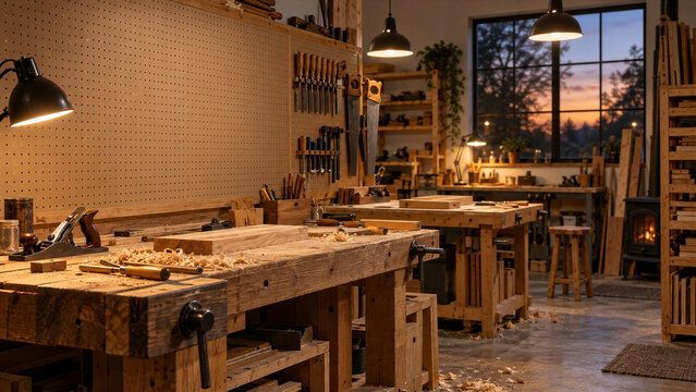 Empty carpentry workshop with wooden workbench, hand planes, wood shavings, tools on pegboard wall, wood stove, sunset sky seen in window