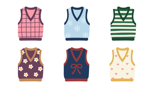 Knitted sweater vests with colorful patterns for winter fashion apparel design and seasonal clothing catalogs