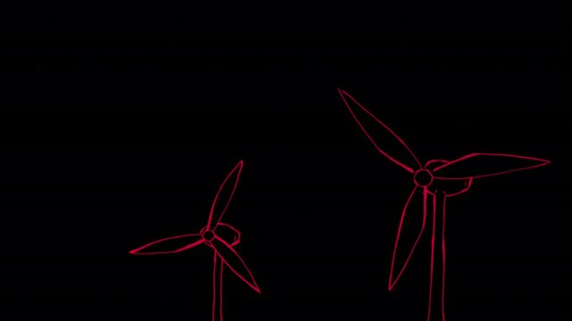 Hand drawn illustration of two wind turbines rotating slowly in seamless loop. Isolated on transparent background with alpha channel.