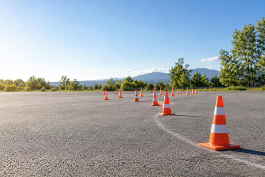 Row of orange traffic cones on empty asphalt lot with curved white line, green trees, distant mountains, clear blue sky on sunny day
