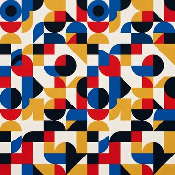 Geometric pattern featuring colorful shapes organized in a repeatable mosaic grid showing primary colors and intersecting circles combined with squares for vibrant artistic textile design print