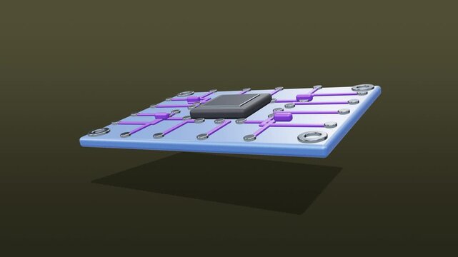 Seamless 4K looping animation of a glossy 3D circuit board icon, tilting gently, centred on a smooth yellow and olive dark gradient background with a soft drop shadow and plenty of copy space. Clean s