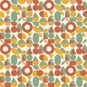 Retro inspired geometric seamless pattern featuring colorful circles squares and triangles in an artistic mosaic composition that brings a vibrant mid century decorative flair to any creative
