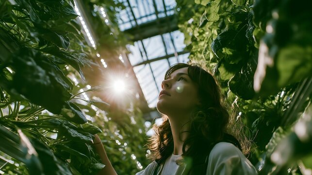 a young female tech-farmer inspecting vertical hydroponic