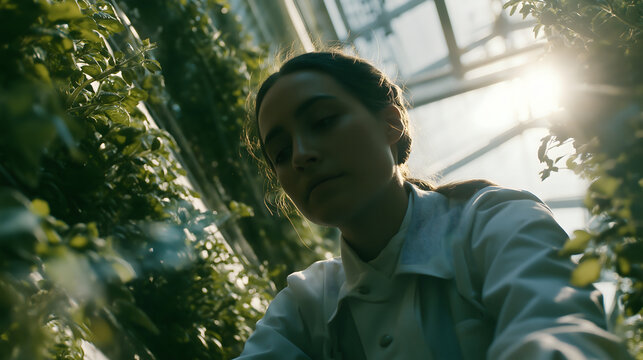 a young female tech-farmer inspecting hydroponic crops inside a greenhouse