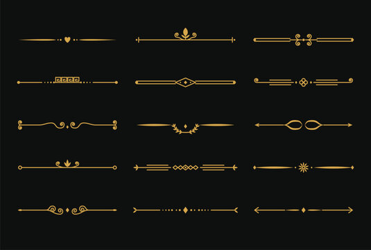 Gold flourish dividers with heart, fleur de lis, laurel and infinity motifs. Antique ornate page borders and title underlines. Golden decorative rules with diamonds and swirls, isolated on black