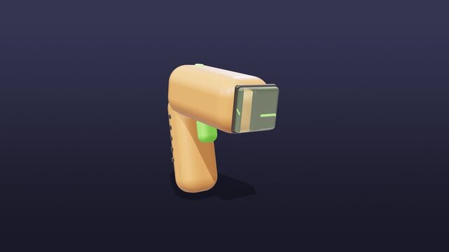 Rendered 3D barcode scanner icon tilting gently in a smooth 4K seamless loop. The object floats alone on a blue and azure dark gradient backdrop with realistic materials, soft shadow and room for text
