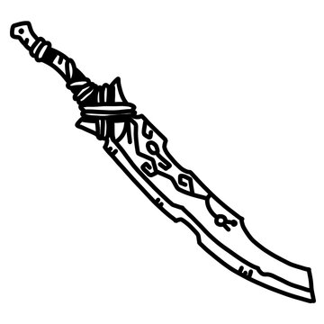 Ornate curved scimitar sword, detailed black line art, vintage oriental weapon, decorative dagger illustration