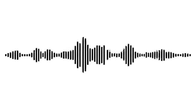 Animated black audio waveform equalizer bars pulsing on a white background for music, sound, and podcast visualizer concept.