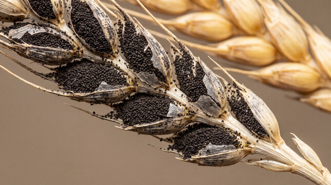 Macro view of a wheat ear damaged by smut disease, with kernels replaced by dense black fungal spore masses, showing a serious cereal crop infection.