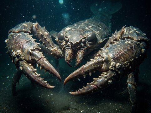 Prehistoric Pterygotus giant sea scorpion in deep dark ocean water, underwater 3D paleoart.