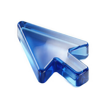 Shiny blue glass mouse cursor arrow icon for computer interface design isolated on transparent background