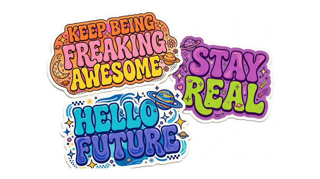 Retro Motivational Stickers Collection Left Angle On Solid White Background