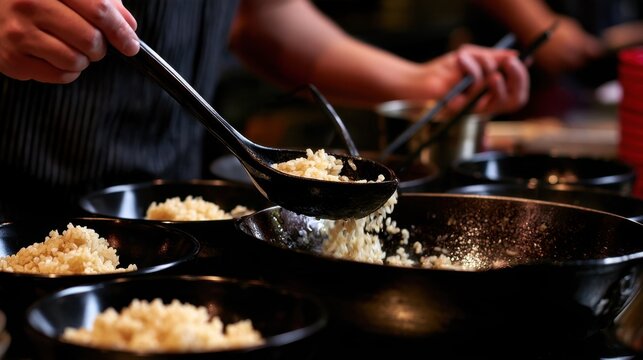A chef portions rice into black bowls with a large spoon in a busy restaurant kitchen setting