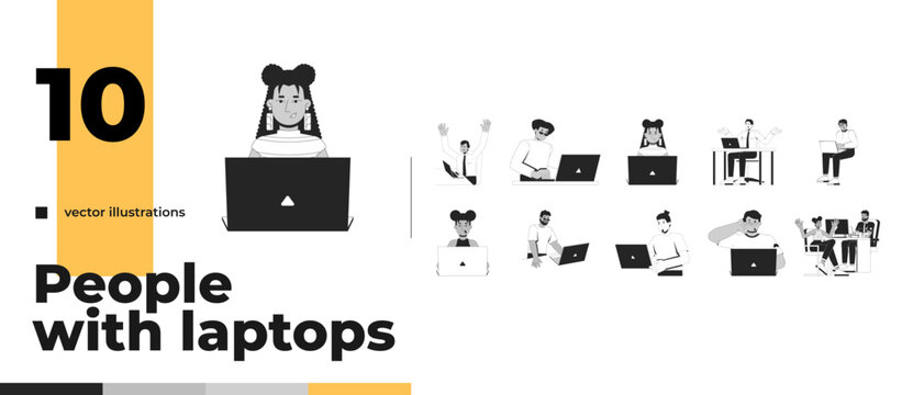 Diverse people using laptops for work and online tasks outline illustration pack. Everyday computer activities. Adults 2D line characters isolated on white. Monochrome vector linear image collection