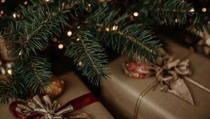 Fototapeta premium Two wrapped gifts under a Christmas tree