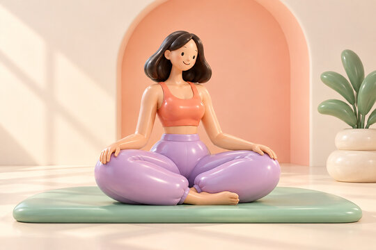 室内でヨガの座位をとる女性のぷっくりトイ風3Dイラスト