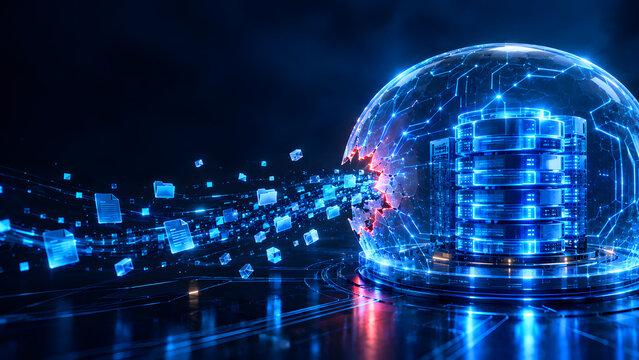 Luminous digital data escapes through a breach in a futuristic security barrier, symbolizing data leakage, information exposure, network vulnerabilities, and the importance of protecting sensitive dig