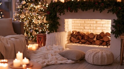 Naklejka premium Cozy indoor setting with a fireplace, Christmas tree, and comfortable decorations in a festive atmosphere
