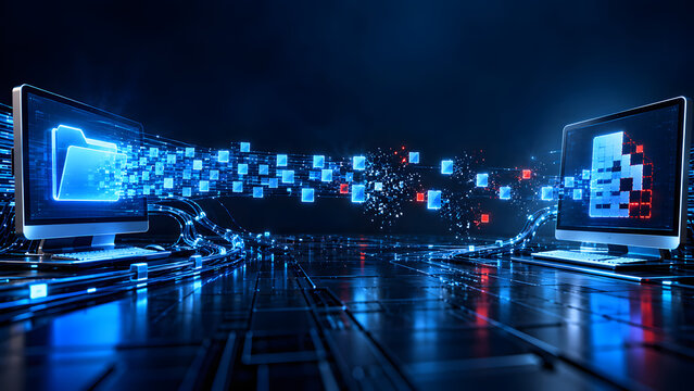 Futuristic visualization of digital packets disappearing during transmission between connected computer systems, representing packet loss, unreliable network connections, interrupted file transfers.