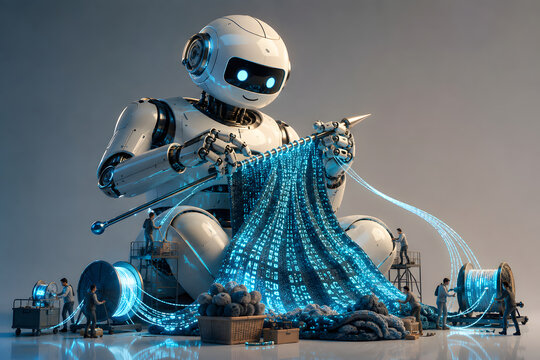 A robot is knitting neon Binary Data highway