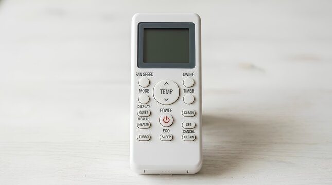 White multi button air conditioner remote on wood.