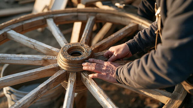 A wheelwright rushes to complete a wooden wheel restoration before a golden hour deadline, a bucket of water nearby for steam bending the rim, bootstrapped heritage business