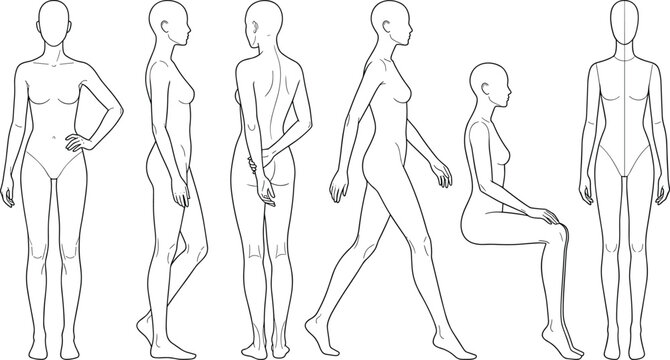 Female body figure outline templates in various poses for fashion croquis and anatomy reference