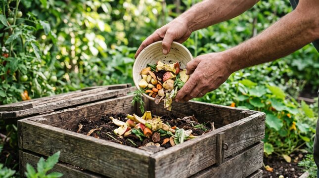 Close up of farmer hands adding organic kitchen food scraps into a wooden compost bin. Sustainable composting and soil enrichment.