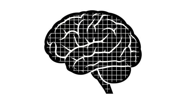 A black and white vector illustration of a human brain silhouette featuring a grid pattern overlay representing digital analysis and artificial intelligence data processing