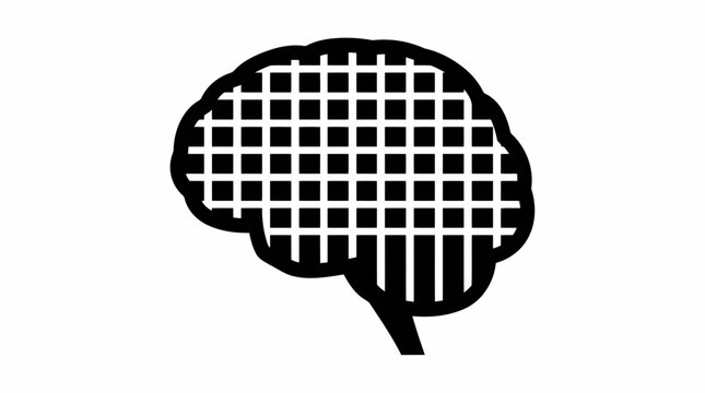 A black and white graphic illustration of a human brain silhouette filled with a grid pattern representing digital technology artificial intelligence and cognitive computing