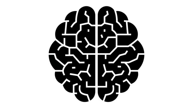 A minimalist black and white icon of a human brain designed with geometric circuit board patterns representing artificial intelligence technology and digital neural networks