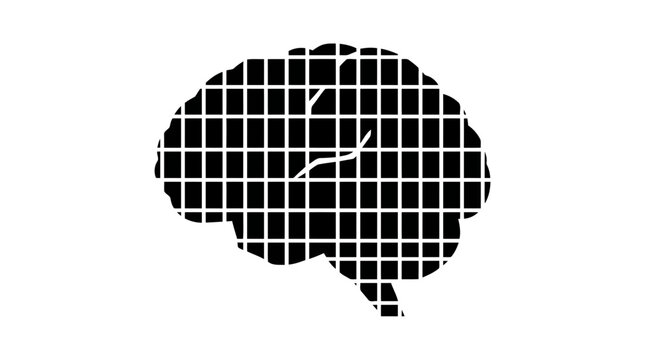 A minimalist black and white graphic illustration of a human brain silhouette filled with a structured grid pattern representing digital intelligence and neural network concepts