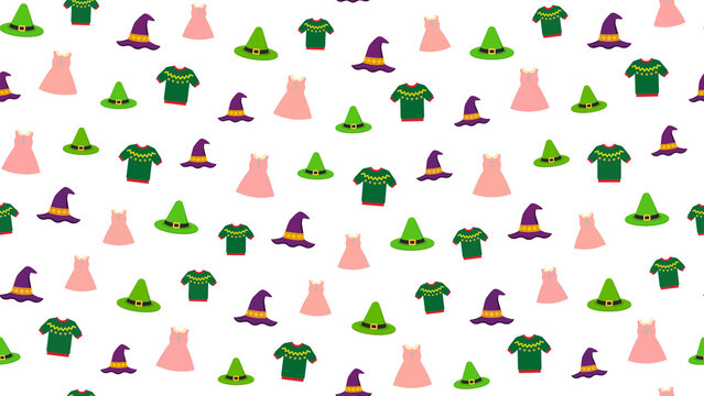Seamless pattern of witch hats and dresses