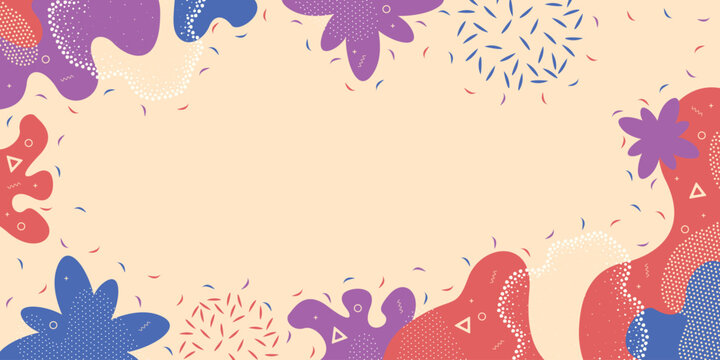 Abstract geometric background in memphis style with fluid colorful shapes, dots, lines and triangles on beige backdrop. Vector template with copy space for text.