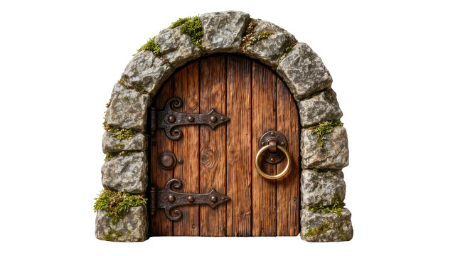 Rustic wooden arched door with stone frame and moss, isolated on transparent background