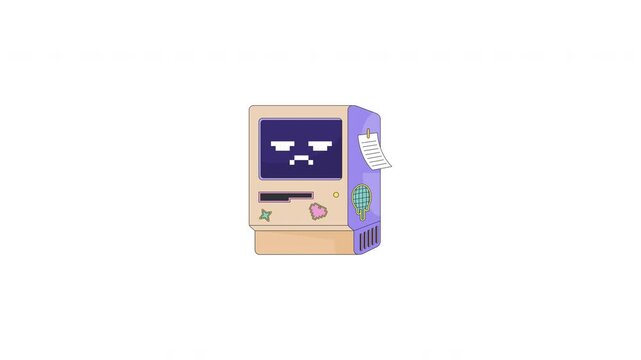 Grumpy retro computer with pixel face and cute stickers 2D cartoon animation. Unhappy digital emotion. Annoyed vintage machine animated flat colorful element 4K video on transparent background