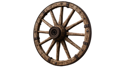 Rustic wooden wagon wheel with metal rivets, isolated on transparent background © Viktor