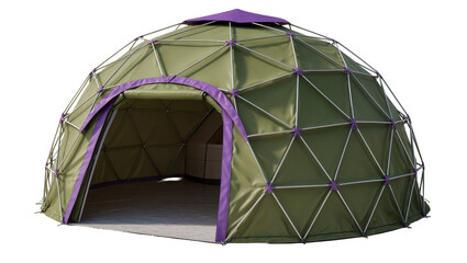Green geodesic dome tent with purple trim, isolated on transparent background © Viktor