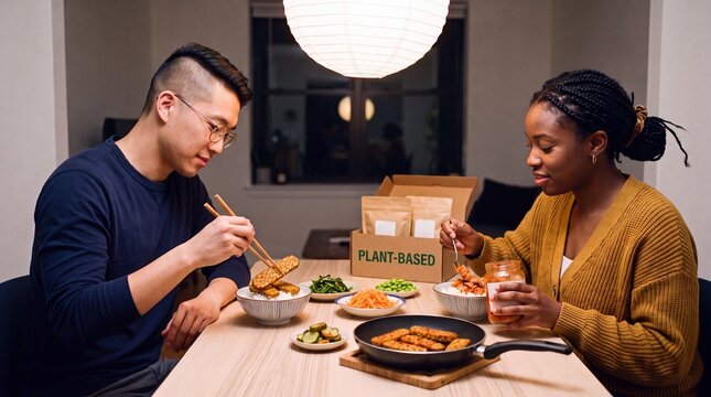 Friends sharing tempeh rice bowls from a plant-based meal kit at home