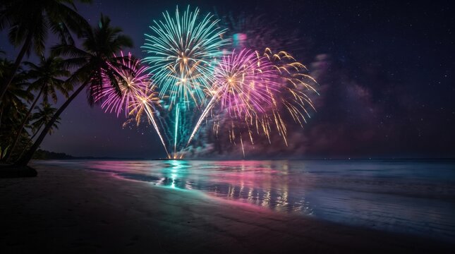 Fireworks explode above a palm tree beach at night