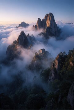 Misty mountain peaks with a lone building at sunrise, surrounded by dense fog and clouds. Use: travel brochure, landscape art, adventure magazine.