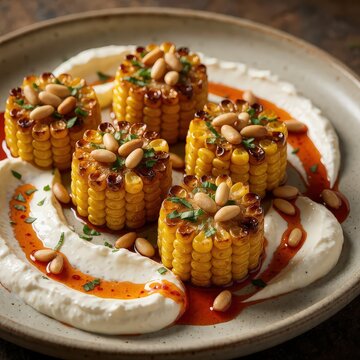 Small corn sections topped with nuts and herbs on a creamy sauce with red oil drizzle, retro aesthetic. Use: appetizer platter, fine dining, recipe...