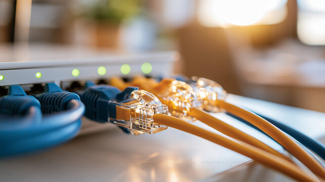 Close up of ethernet cables plugged into the row of ports on the back panel of a white router blue and yellow patch cords with clear rj45 connectors small green link lights light grey