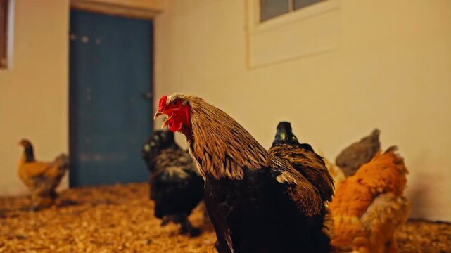 A Rooster With Black, Brown, And Golden-tan Hackle Feathers And A Bright Red Comb Stands Among Domesticated Chickens Inside A Farm Pen. Close-up Shot