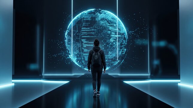 Silhouette of person walking towards glowing blue digital globe hologram representing global connectivity, big data analytics and future technology evolution in dark futuristic