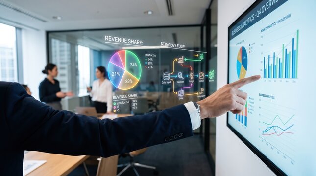 Manager pointing at large screen displaying business analytics charts graphs revenue share pie chart strategy flow diagram in corporate meeting room presentation with team