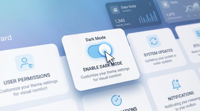 User interface settings screen showing dark mode toggle button, customization options for visual comfort, system updates, user permissions, and notifications